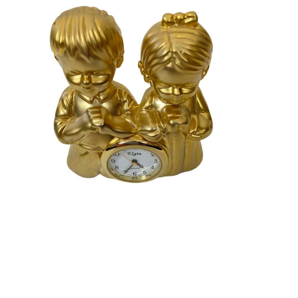 Elgin Mini Clock Good Night Prayers Vintage Gold Tone Praying 12 Hours Dial